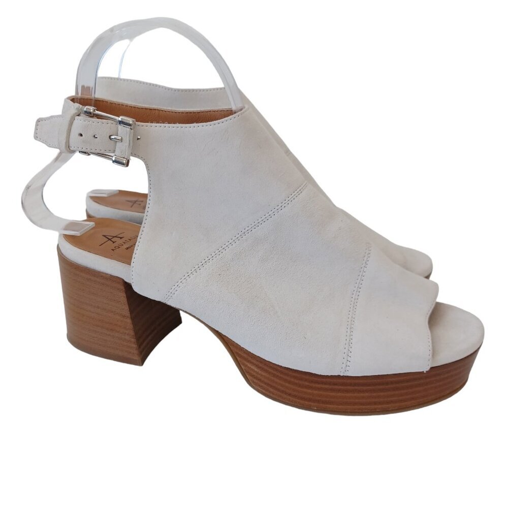 Aquatalia White Suede Heels Stacked Block Heel Buckle Closure Womens size 8 M